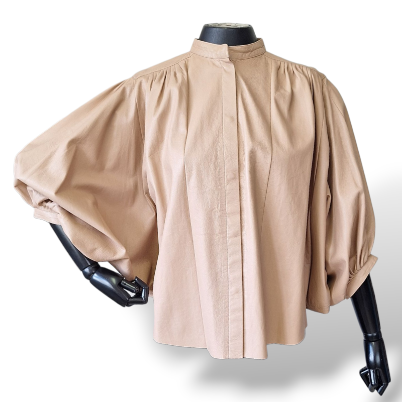 Blusa Chloé Couro Bege Manga Longa-38 Blusa Chloé Couro Bege Manga Longa-38