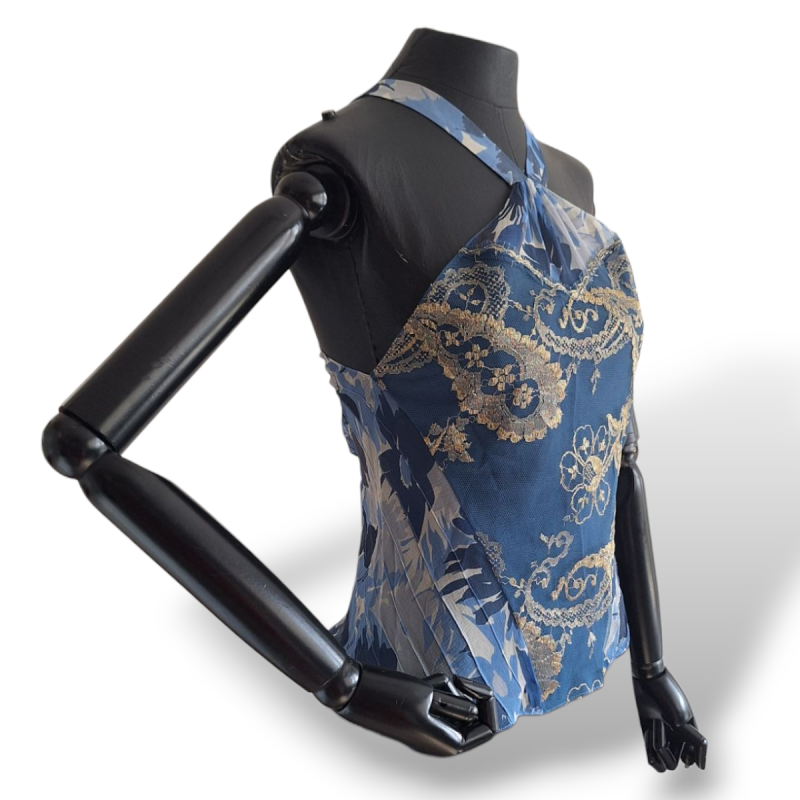Blusa Christian Dior Azul Com Detalhes em Dourado-40 Blusa Christian Dior Azul Com Detalhes em Dourado-40