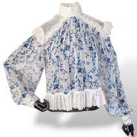 Blusa LN Florida Azul e Branca com Manga Rendada-M