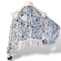Blusa LN Florida Azul e Branca com Manga Rendada-M
