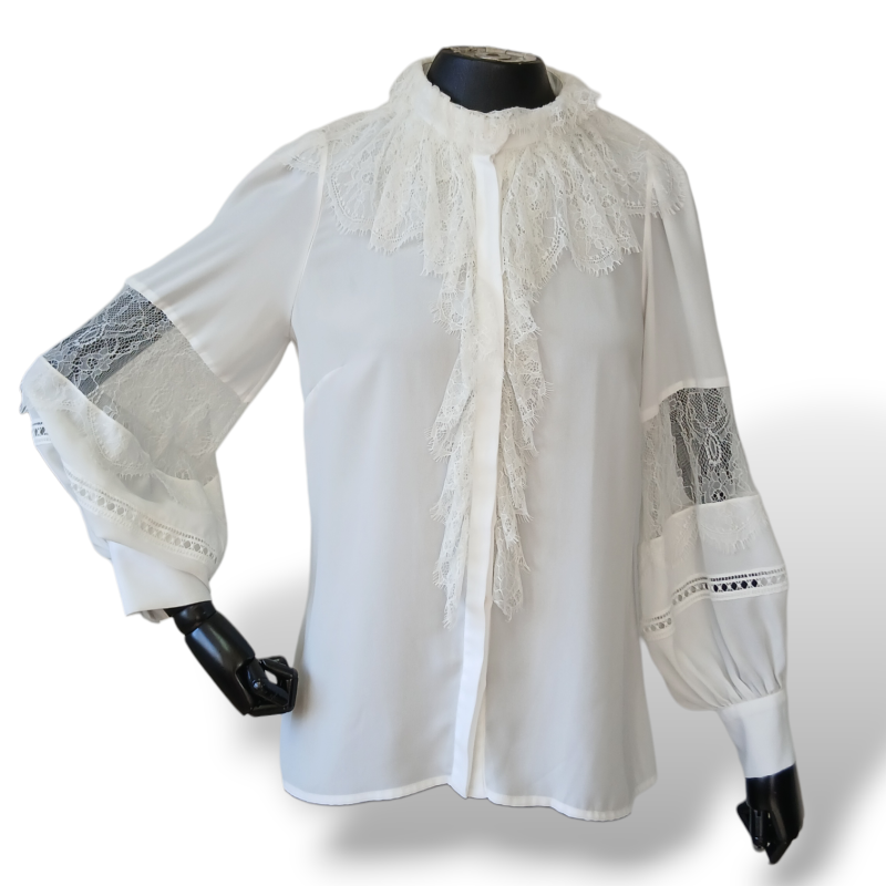 Camisa Lu Monteiro Off White em Seda com Renda-38