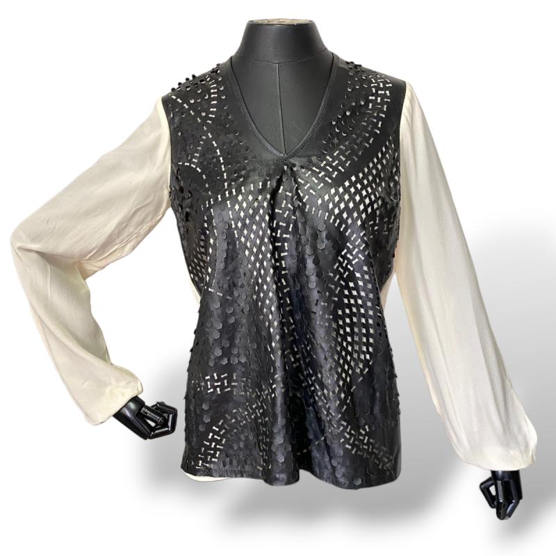 Blusa Patricia Motta Couro Preta e Off White-38 Blusa Patricia Motta Couro Preta e Off White-38