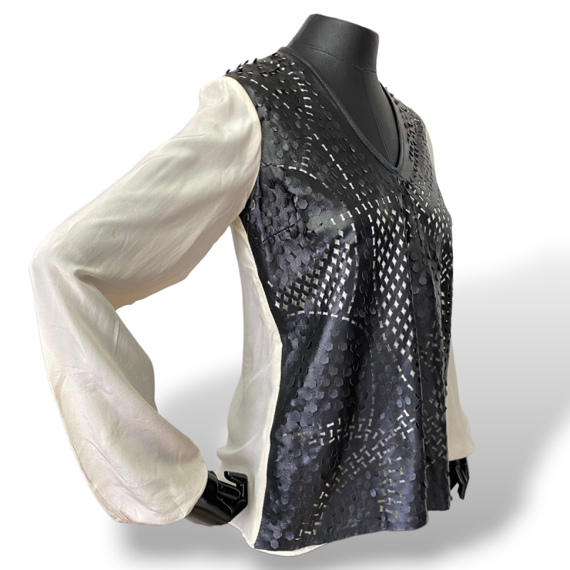 Blusa Patricia Motta Couro Preta e Off White-38 Blusa Patricia Motta Couro Preta e Off White-38