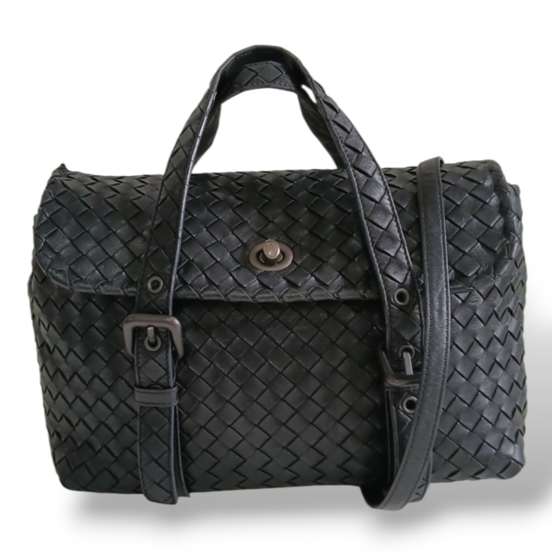 Bolsa Bottega Veneta Intrecciato Turnlock Flap Preto