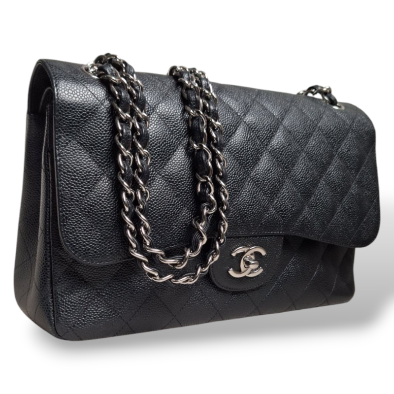 Bolsa Chanel Jumbo Classic Double Flap Caviar Preta Bolsa Chanel Jumbo Classic Double Flap Caviar Preta