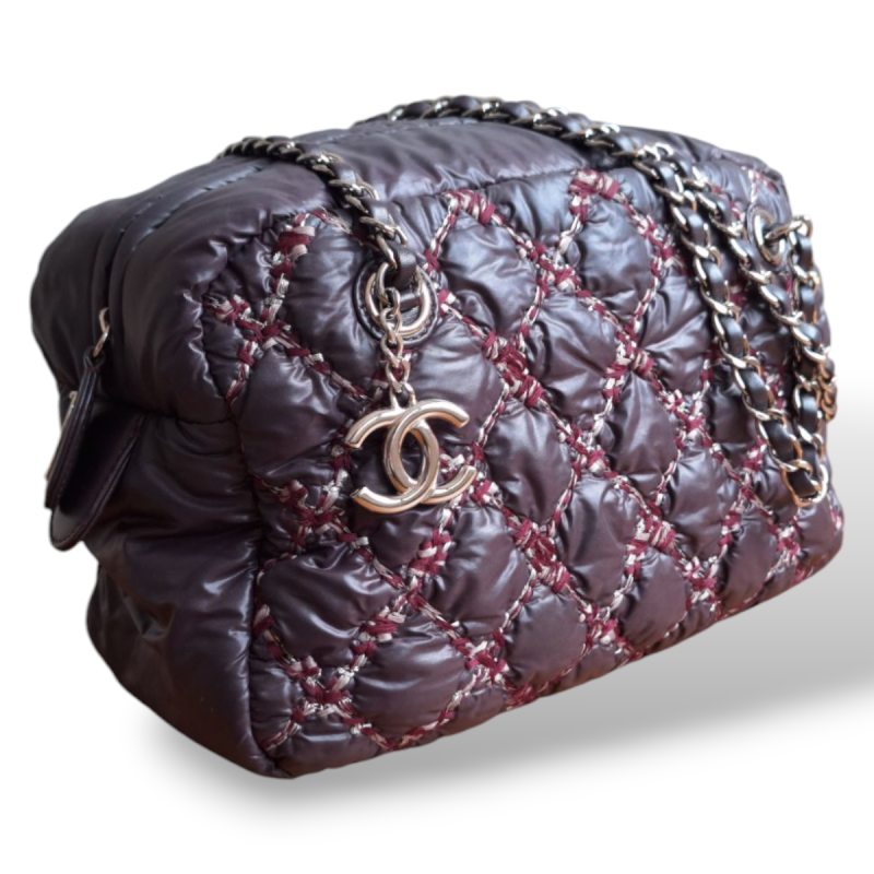  Bolsa Chanel Bubble Nylon Tweed Stitch Camera Berinjela