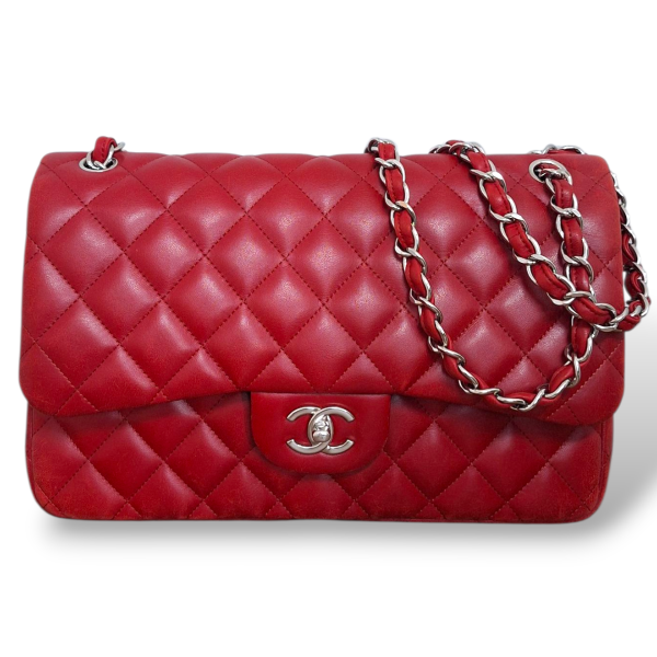 Bolsa Chanel Double Flap Lambskin Vermelha Ferragem Prata