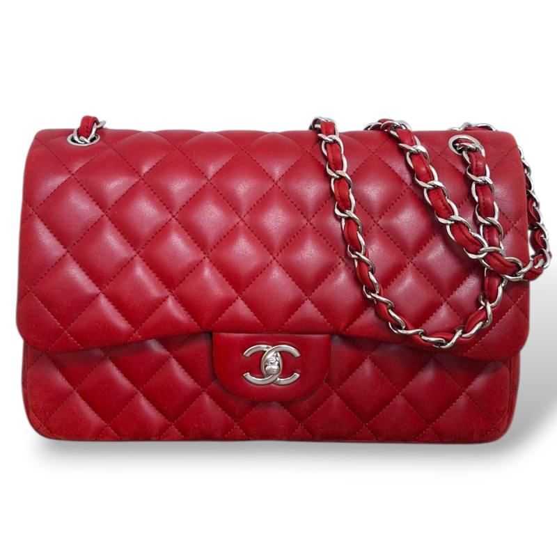 Bolsa Chanel Double Flap Lambskin Vermelha Ferragem Prata