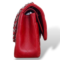 Bolsa Chanel Double Flap Lambskin Vermelha Ferragem Prata
