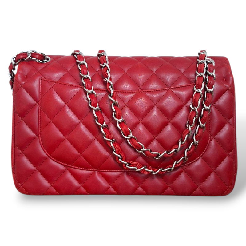 Bolsa Chanel Double Flap Lambskin Vermelha Ferragem Prata