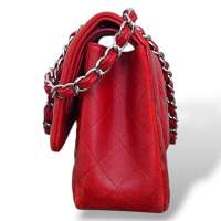 Bolsa Chanel Double Flap Lambskin Vermelha Ferragem Prata