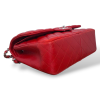 Bolsa Chanel Double Flap Lambskin Vermelha Ferragem Prata
