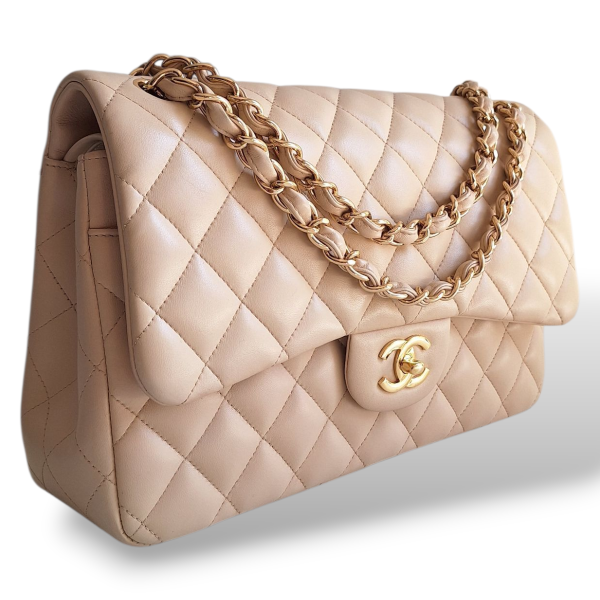 Bolsa Chanel Lambskin Bege Ferragem Dourada