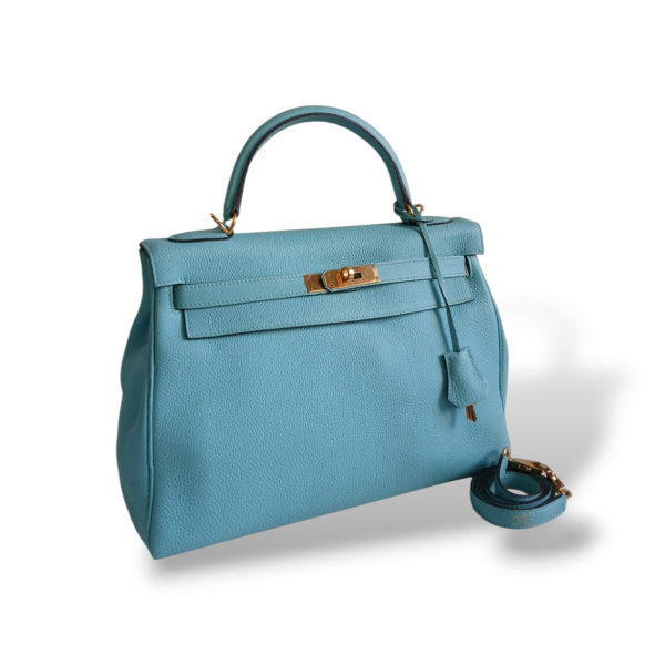 Bolsa Hermès Kelly 32 Bleu Atoll com Gold
