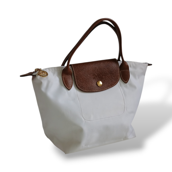 Bolsa Longchamp Le Pilage Pequena Off White com Caramelo