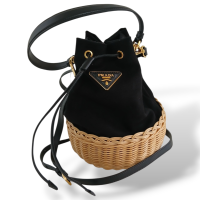 Bolsa Prada Bucket Canvas Preto com Raffia