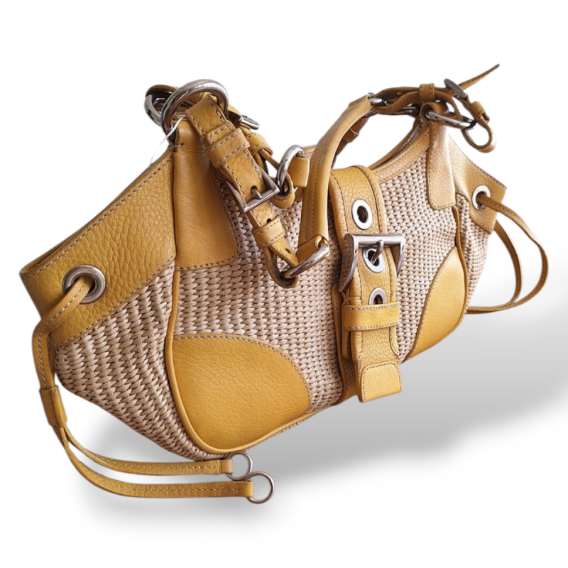 Bolsa Prada em Palha Det Amarelo em Couro