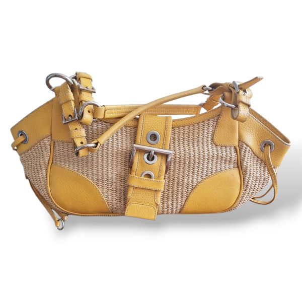 Bolsa Prada em Palha Det Amarelo em Couro
