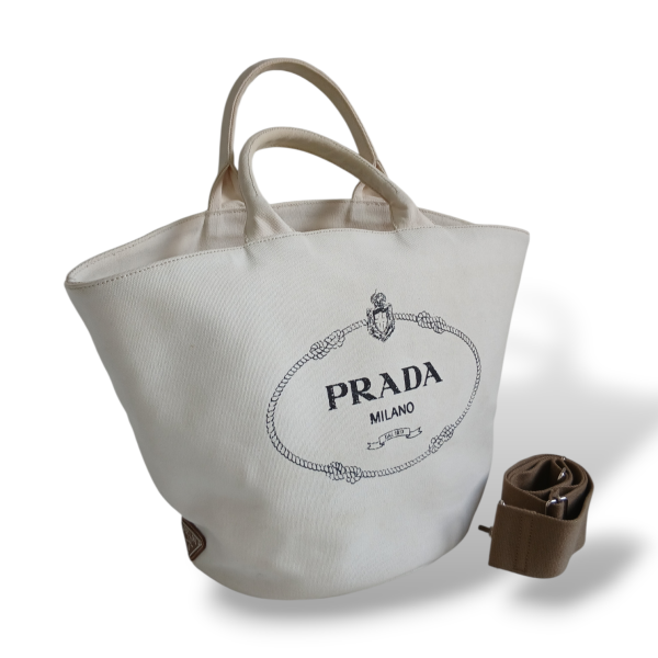 Bolsa Prada Tote Branca em Tecido com Alça Crossbody