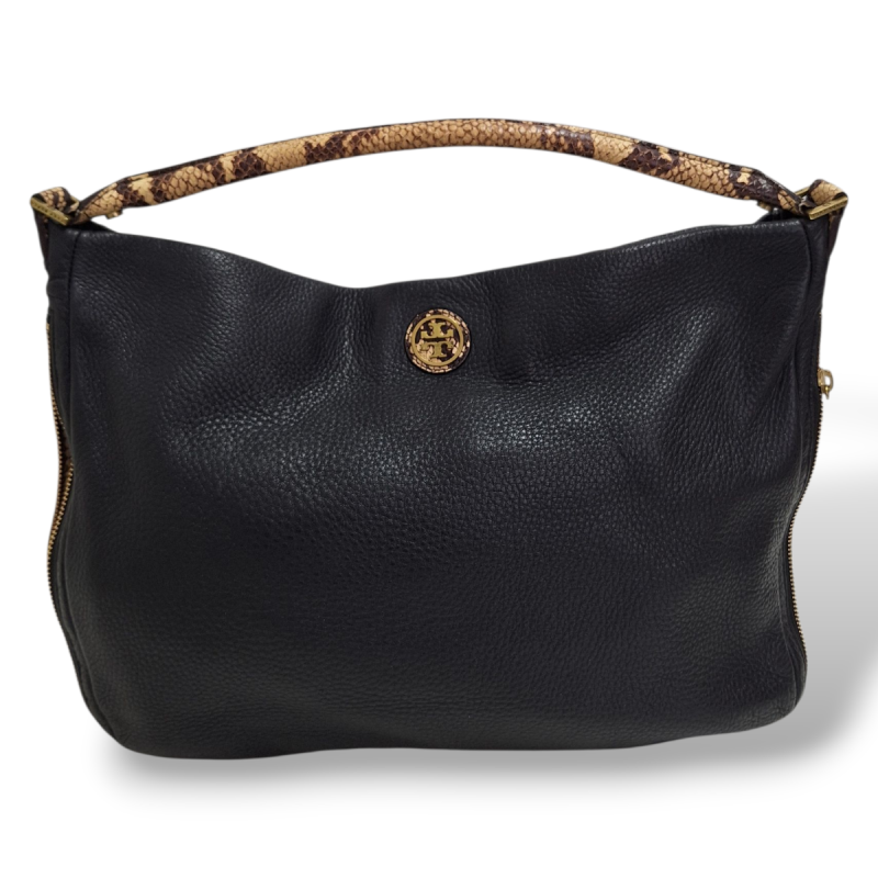 Bolsa Tory Burch Dena Hobo em Couro Preto Com Alça em Python Bolsa Tory Burch Dena Hobo em Couro Preto Com Alça em Python