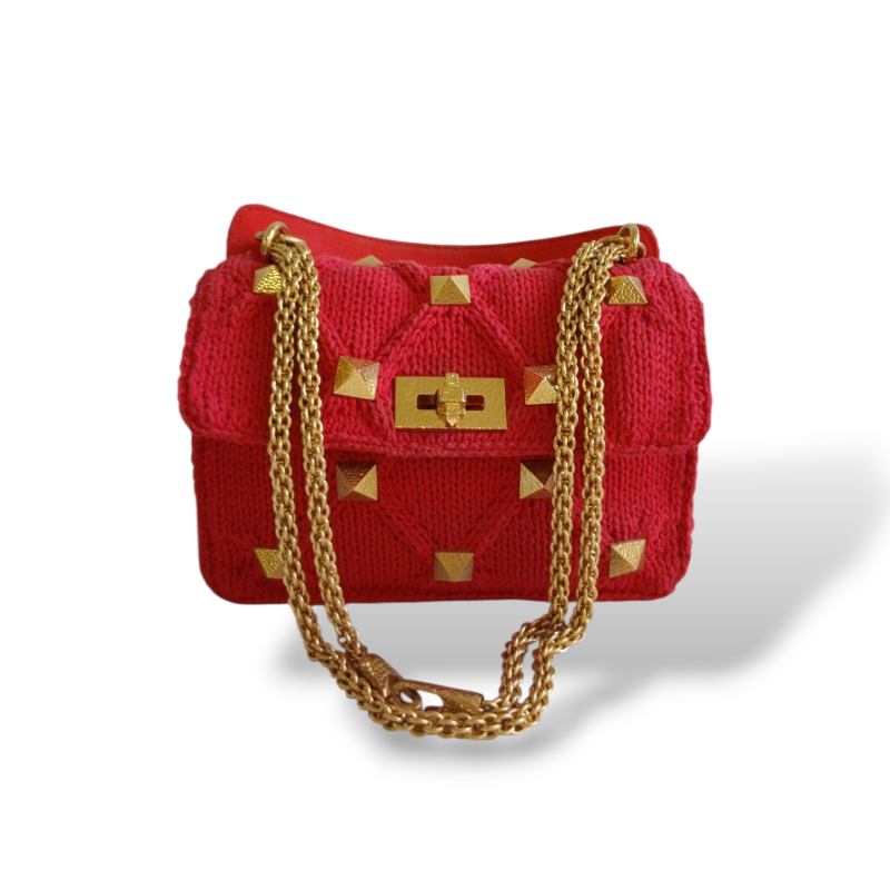 Bolsa Valentino Garavani Knit Roman Stud Vermelha