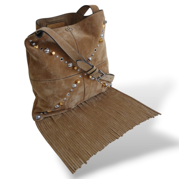 Bolsa Valentino Garavani Nellcôte Fringe Suede Caramelo 