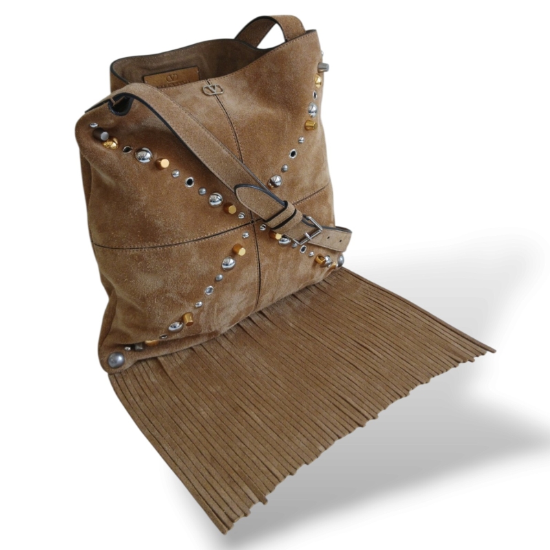 Bolsa Valentino Garavani Nellcôte Fringe Suede Caramelo 