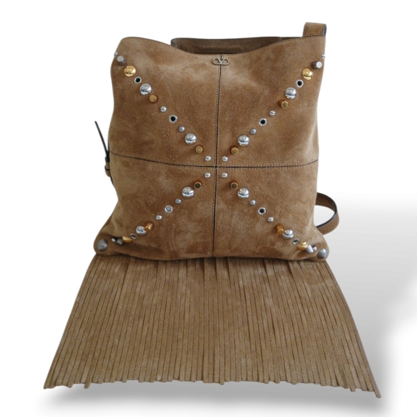 Bolsa Valentino Garavani Nellcôte Fringe Suede Caramelo 