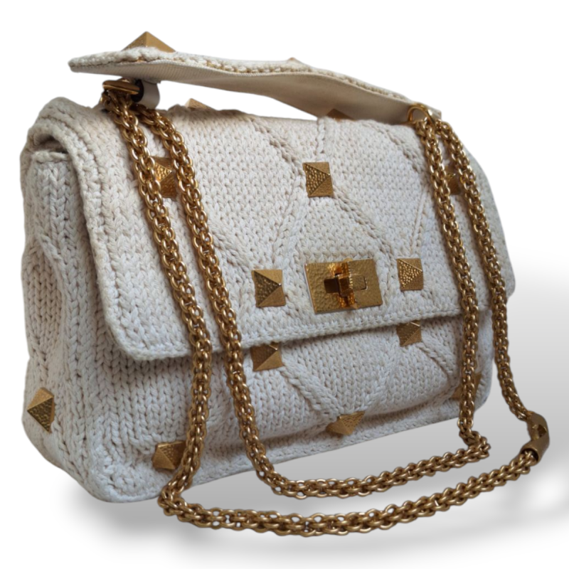 Bolsa Valentino Garavani Knit Roman Stud Off White  Bolsa Valentino Garavani Knit Roman Stud Off White