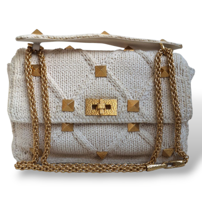 Bolsa Valentino Garavani Knit Roman Stud Off White  Bolsa Valentino Garavani Knit Roman Stud Off White