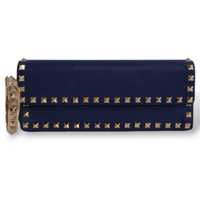 Clutch Valentino Bracelete em Couro Azul Ferragem Light Gold 