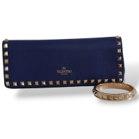 Clutch Valentino Bracelete em Couro Azul Ferragem Light Gold 