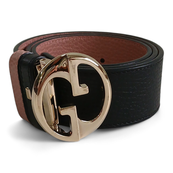 Cinto Gucci Double Face Preto x Rosa Ferragem Dourada