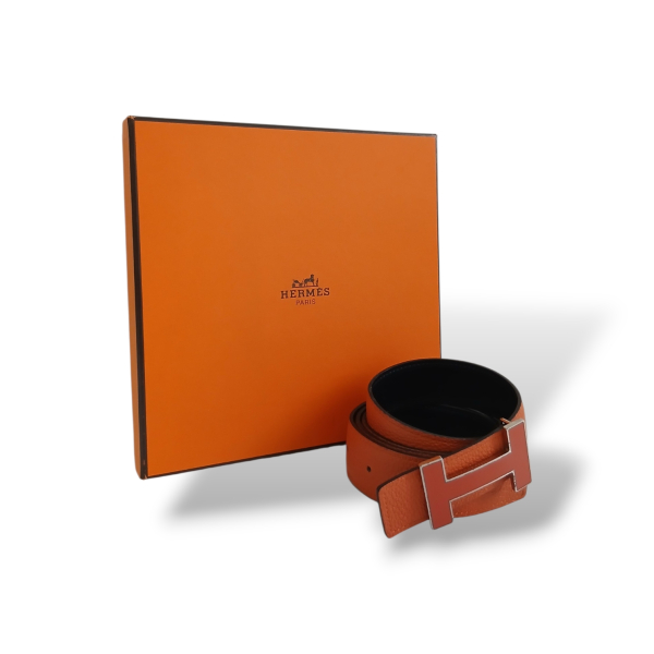 Cinto Hermès H Reversível Preto e Laranja