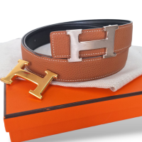 Cinto Hermès Dupla Face Gold e Preto com Duas Fivelas Gold e Palladium
