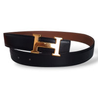 Cinto Hermès Dupla Face Gold e Preto com Duas Fivelas Gold e Palladium