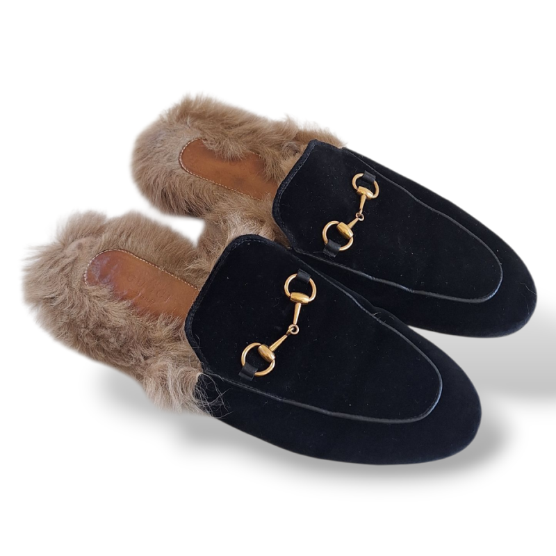 Mule Gucci Horsebit Preta com Pelinhos-38 Mule Gucci Horsebit Preta com Pelinhos-38