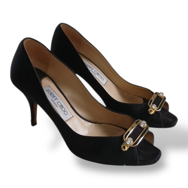 Peep Toe Jimmy Choo Preto de Cetim com Fivela-35