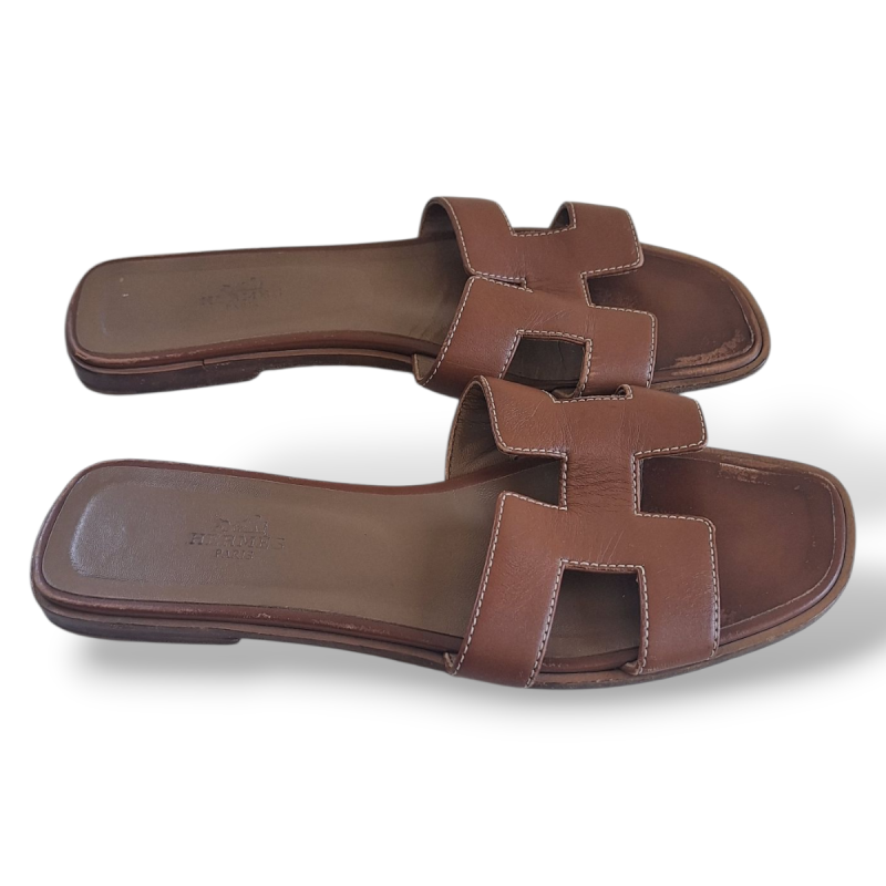 Rasteira Hermès Oran Caramelo-38 Rasteira Hermès Oran Caramelo-38