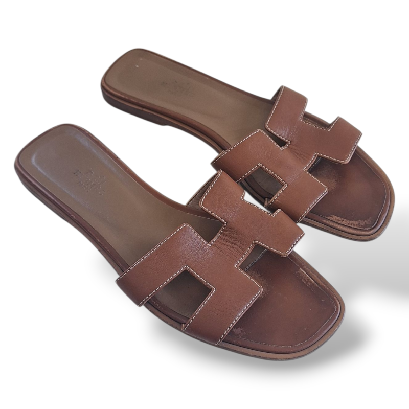 Rasteira Hermès Oran Caramelo-38 Rasteira Hermès Oran Caramelo-38