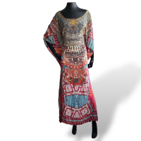 Caftan Camilla de Seda Estampado e Bordado