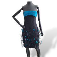 Vestido Sandro Barros Preto com Plumas Azul Turquesa - 38