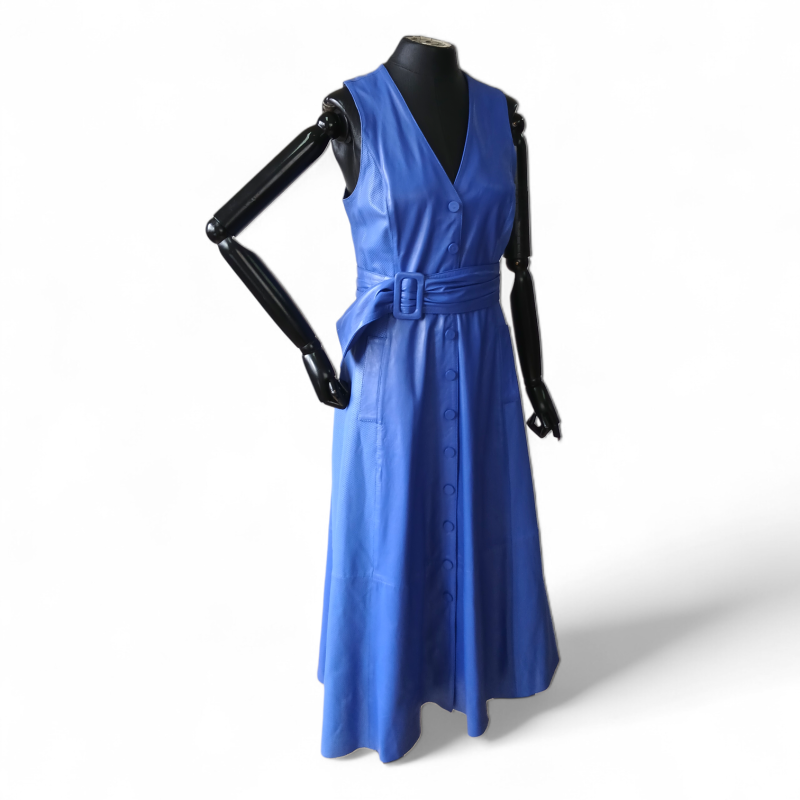 Vestido Twenty Seven de Couro Azul com Cinto-P