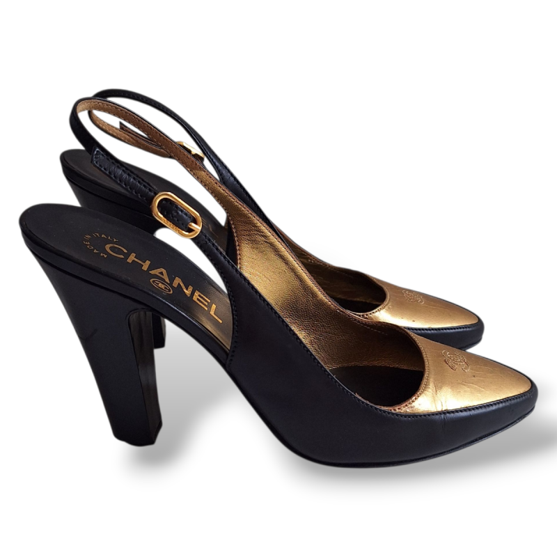 Slingback Chanel Preto com Dourado-37 Slingback Chanel Preto com Dourado-37