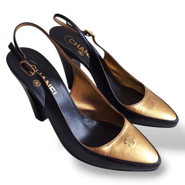 Slingback Chanel Preto com Dourado-37
