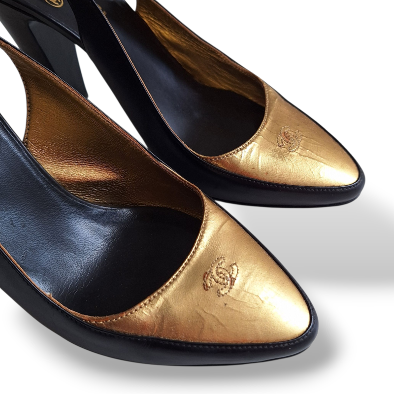Slingback Chanel Preto com Dourado-37