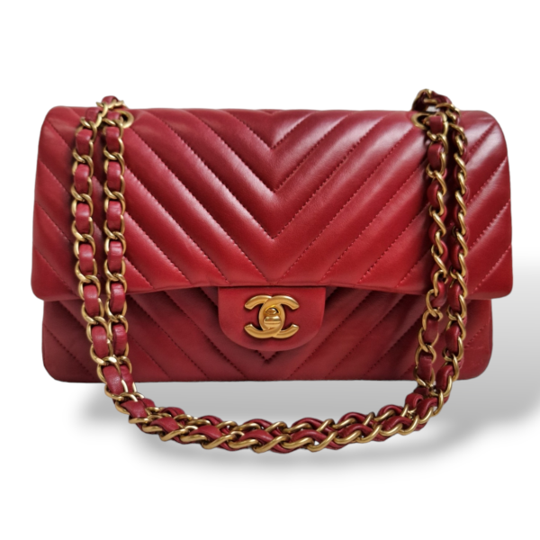 Bolsa Chanel Double Flap Chevron Medium Vermelha