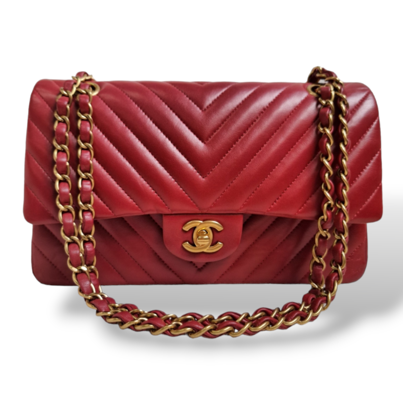 Bolsa Chanel Double Flap Chevron Medium Vermelha Bolsa Chanel Double Flap Chevron Medium Vermelha
