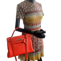 Bolsa Hermès Kelly 32 Couro Togo Coral - Ferragens Prateadas 