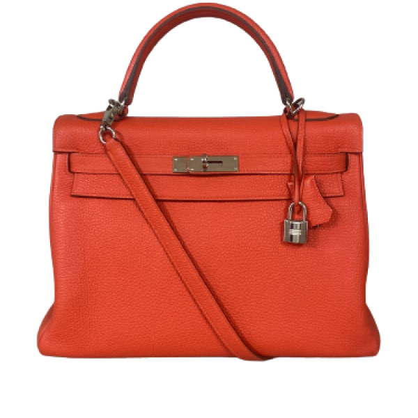 Bolsa Hermès Kelly 32 Couro Togo Coral - Ferragens Prateadas 